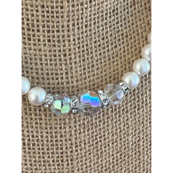 Vintage Faux Pearl Swarovski AB Crystal Necklace Toggle Clasp Choker Collar 17" - Picture 2 of 4
